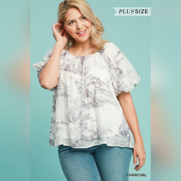 Umgee Tops - Umgee Cream And Grey Toile Print Puff Sleeve Top